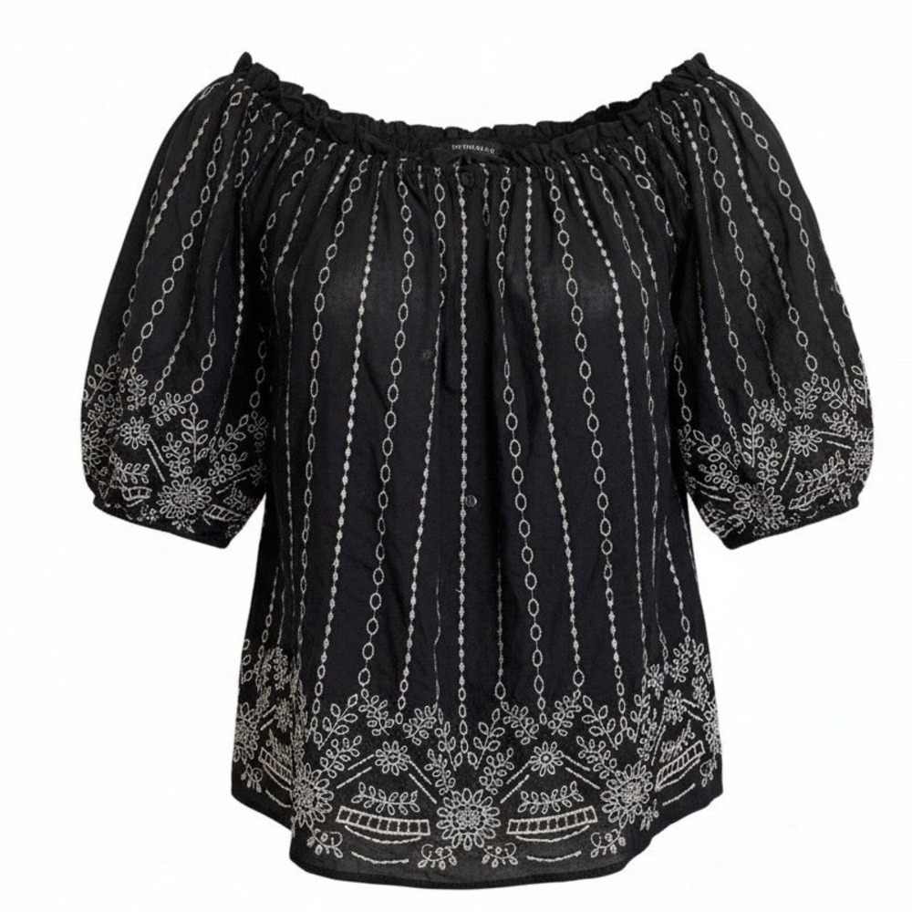 Boston Proper Black/ Gold Shimmer Off Shoulder Eyelet Puff Slv Top Small